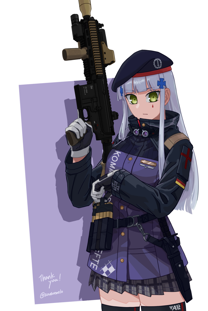 1girl absurdres ammunition_pouch assault_rifle autumn-midwinter belt beret black_belt black_gloves black_jacket black_thighhighs cowboy_shot cross_hair_ornament german_flag girls'_frontline gloves green_eyes grey_hair gun h&amp;k_hk416 hair_ornament hat highres hk416_(girls'_frontline) holding holding_gun holding_weapon jacket knife long_hair looking_at_viewer magazine_(weapon) multicolored_clothes multicolored_jacket plaid plaid_skirt pleated_skirt pouch purple_background purple_jacket rifle skirt solo teardrop_facial_mark teardrop_tattoo thighhighs two-tone_background two-tone_gloves two-tone_jacket weapon white_background white_gloves