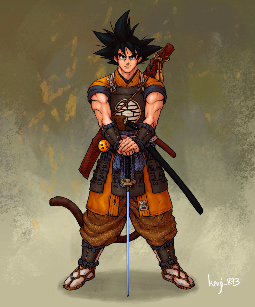 1boy absurdres alternate_costume arm_armor armor artist_name belt_pouch biceps black_eyes black_hair blue_shirt brown_pants dougi dragon_ball dragon_ball_(object) dragon_ball_super dragon_ball_z full_body guillem_dauden highres holding holding_sword holding_weapon japanese_armor katana leg_armor light_smile male_focus monkey_tail pants planted planted_sword pouch saiyan samurai sandals sheath shirt short_sword simple_background sleeves_rolled_up son_goku spiked_hair sword tabi tail tantou tassel weapon weapon_on_back wrist_guards