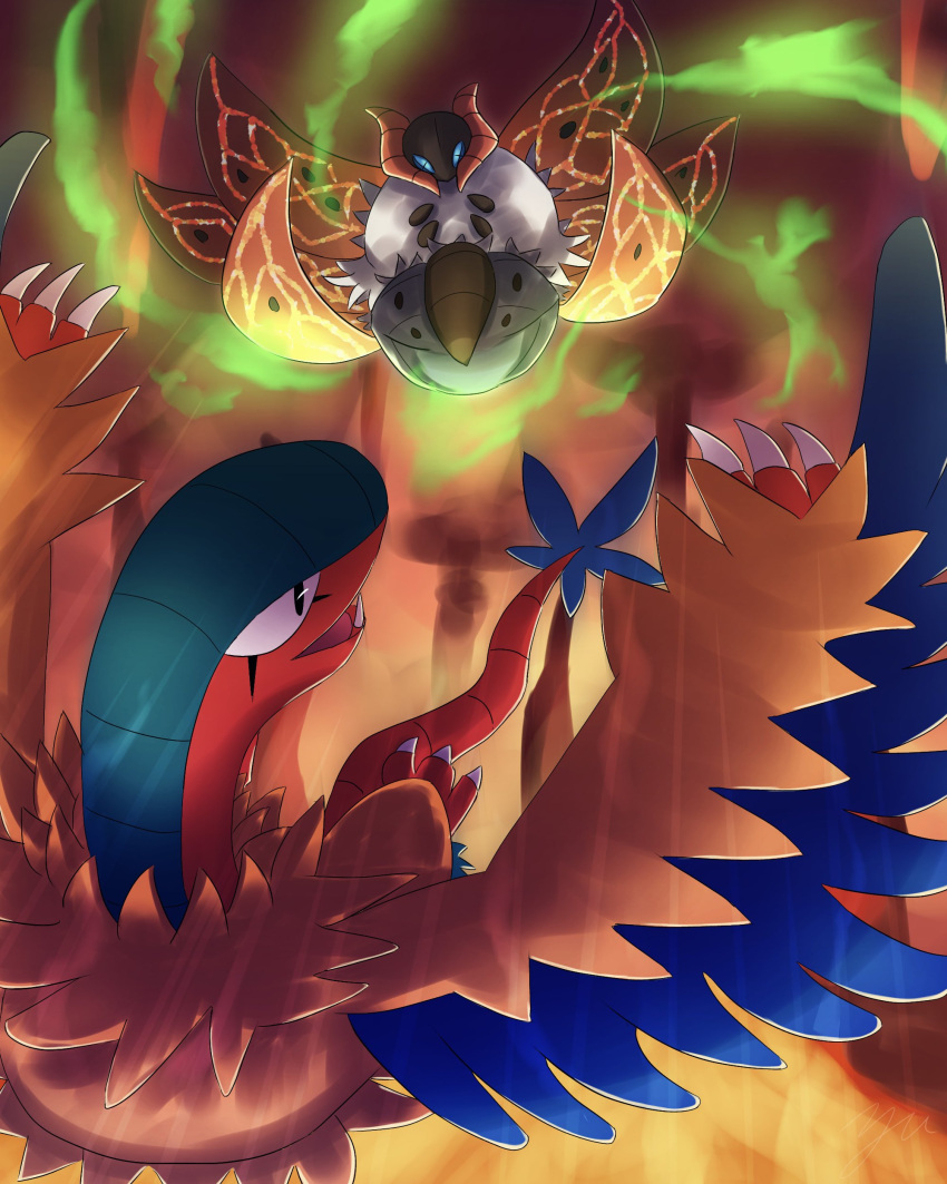 absurdres animal_focus archeops aura blue_eyes bug claws commentary_request emphasis_lines feathered_wings highres moth no_humans open_mouth pokemon pokemon_(creature) tail volcarona wings yu_(pocketsun636)