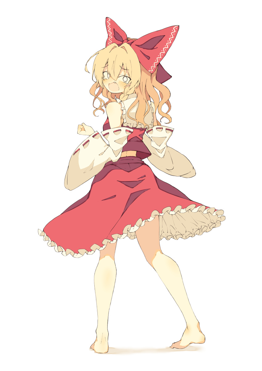 1girl absurdres bare_shoulders barefoot blonde_hair blush bow braid collar commentary cosplay detached_sleeves double-parted_bangs embarrassed fang frilled_shirt_collar frilled_skirt frills from_behind full_body furrowed_brow hair_between_eyes hair_bow hair_intakes hakurei_reimu hakurei_reimu_(cosplay) hand_up highres huge_bow japanese_clothes kirisame_marisa long_hair long_sleeves looking_at_viewer looking_back miko open_mouth red_bow red_ribbon red_skirt red_vest ribbon ribbon-trimmed_sleeves ribbon_trim seika_okawari simple_background single_braid skirt solo standing touhou tsurime vest wavy_hair white_background white_collar white_eyes white_sleeves wide-eyed wide_sleeves