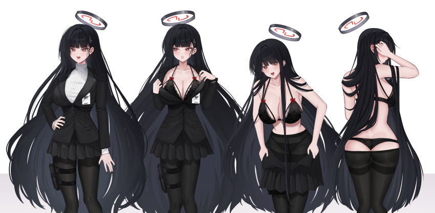 1girl absurdres angry ass bare_arms black_coat black_hair black_halo black_panties black_pantyhose black_skirt blue_archive blush bra breasts bright_pupils cleavage coat collarbone covering_own_eyes from_behind hair_ornament hairpin halo hand_on_own_hip highres holster lace-trimmed_bra lace_trim lapels large_breasts long_hair long_sleeves looking_to_the_side midriff miniskirt mixed-language_commentary multiple_views open_mouth panties panties_under_pantyhose pantyhose partially_undressed pinku_life pleated_skirt red_eyes red_halo ribbed_sweater rio_(blue_archive) sideways_mouth skirt sweater thigh_holster turtleneck turtleneck_sweater underwear undressing v-shaped_eyebrows very_long_hair white_pupils white_sweater
