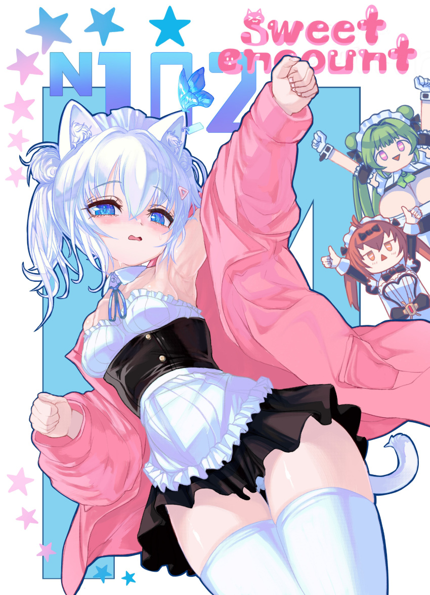 3girls absurdres animal_ears armpits blue_eyes breasts cat_ears cat_tail cocoa_(nikke) embarrassed goddess_of_victory:_nikke green_hair hair_ornament hand_up highres inugressive jacket multiple_girls n102_(nikke) panties pantyshot pink_jacket red_hair small_breasts soda_(nikke) tail thighhighs thighs twintails underwear white_hair zettai_ryouiki