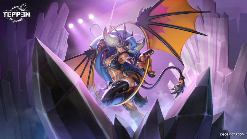 1girl absurdres animal_hands blue_hair breasts capcom cleavage cosplay crystal fake_horns fake_tail felicia_(vampire) gloves green_eyes highres hoop horns looking_at_viewer mask monster_hunter_(series) nergigante nergigante_(cosplay) official_alternate_costume official_art paw_gloves smile solo spotlight tail teppen thighhighs vampire_(game) zipper_pull_tab