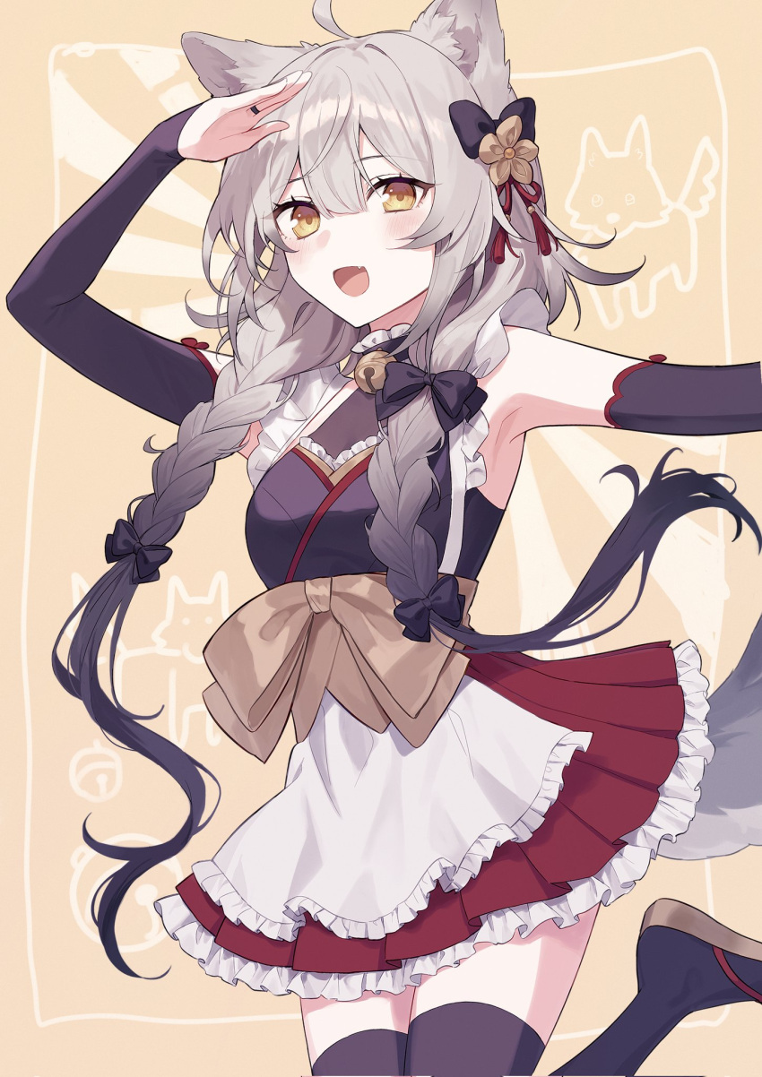 1girl :d ahoge animal_ears bell black_thighhighs bow braid check_copyright copyright_request detached_sleeves dog_ears dog_girl dog_tail fang grey_hair greyscale hair_bow hair_ornament hand_over_face highres jingle_bell monochrome neck_bell original pleated_skirt red_skirt skirt smile solo tail thighhighs twin_braids yasaiseicat yellow_eyes