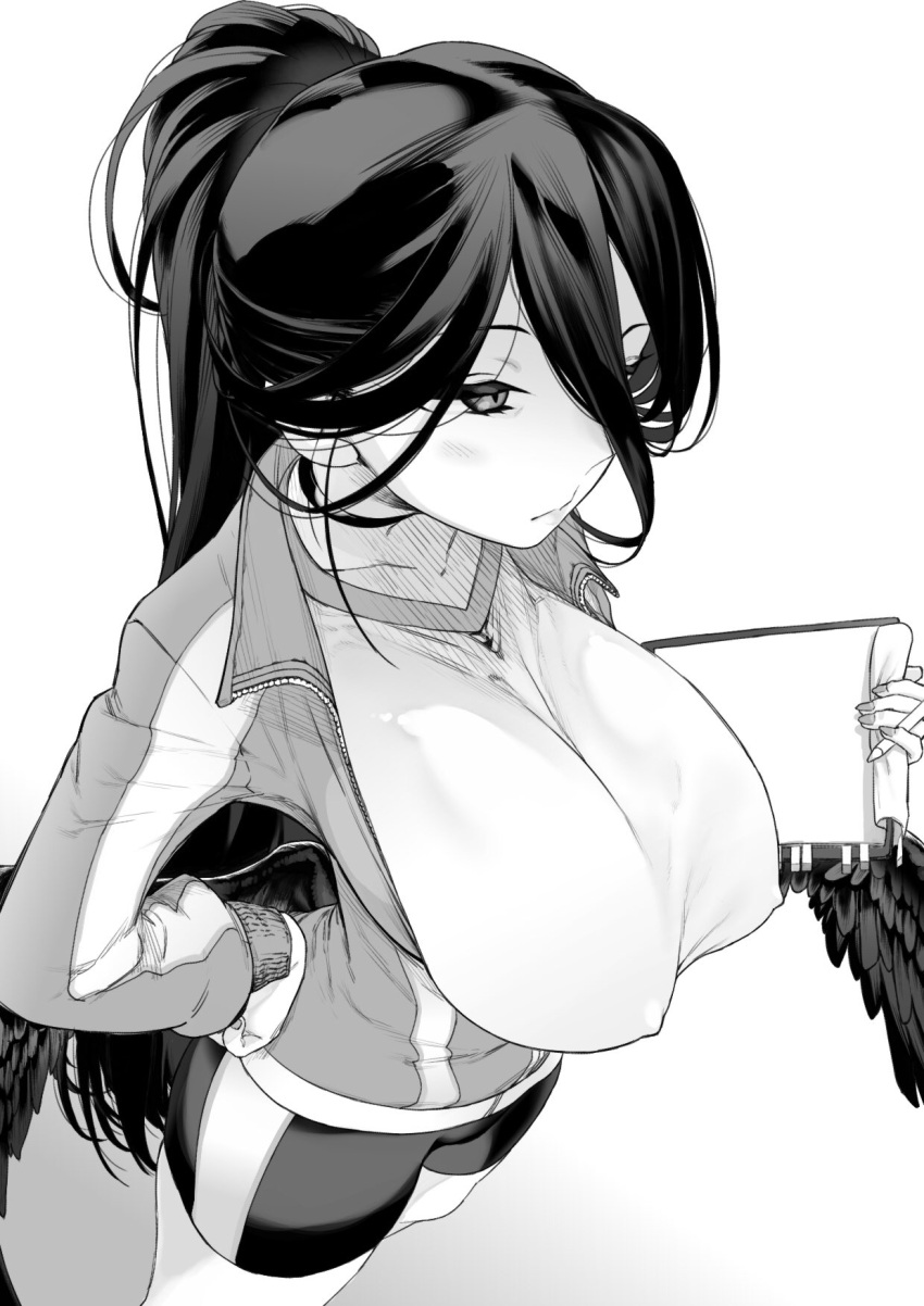 1girl black_choker blue_archive breasts choker clipboard closed_mouth commentary_request covered_nipples feathered_wings greyscale gym_shirt gym_shorts gym_uniform hair_between_eyes hand_on_own_hip hasumi_(blue_archive) hasumi_(track)_(blue_archive) highres holding holding_clipboard jacket large_breasts large_wings light_blush long_hair long_sleeves looking_ahead low_wings monochrome mukago_(mukagomumumu) official_alternate_costume partially_unzipped pen ponytail shirt shorts simple_background solo standing track_jacket very_long_hair white_background wings