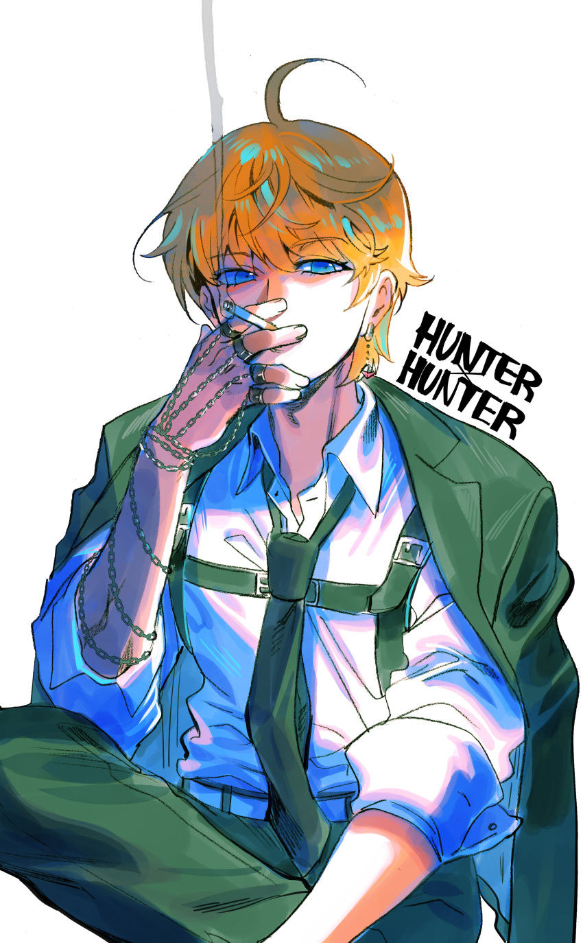 1boy absurdres androgynous bae_(baebae) black_jacket blonde_hair blue_eyes chain chest_harness cigarette copyright_name covering_mouth crystal_earrings earrings feet_out_of_frame hand_over_own_mouth harness highres holding holding_cigarette hunter_x_hunter jacket jacket_on_shoulders jewelry kurapika looking_at_viewer male_focus multiple_rings ring short_hair simple_background smoke smoking solo white_background