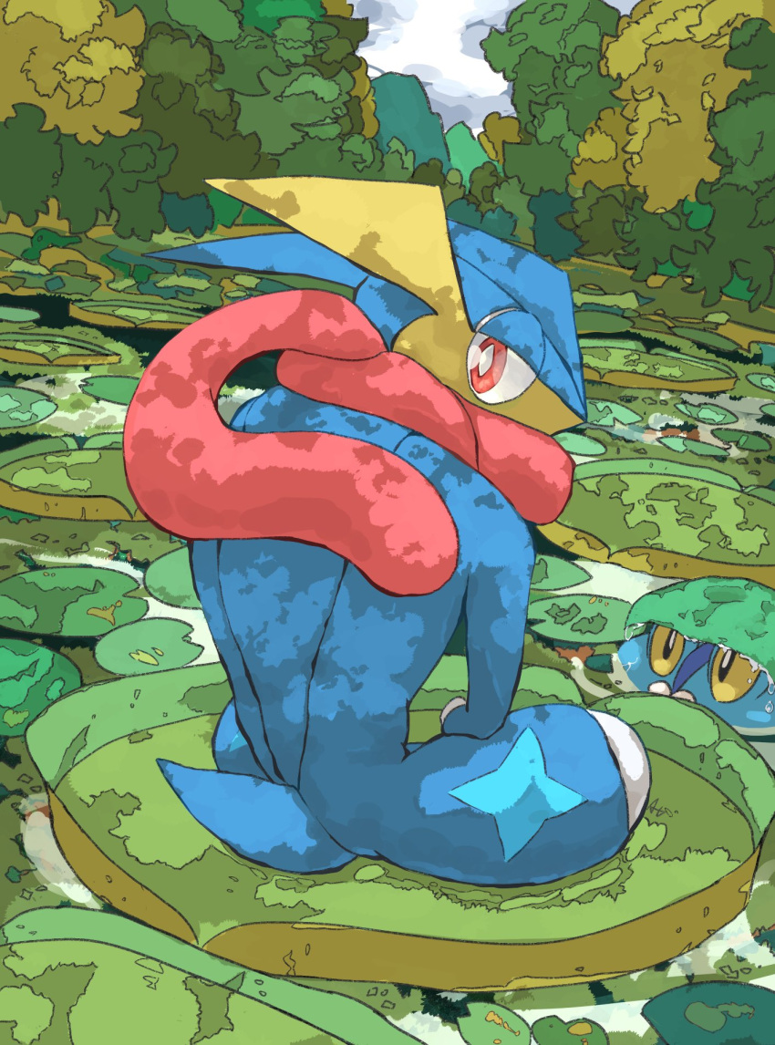 animal_focus aomon_(yuuji7604) blue_skin cloud colored_skin commentary_request evolutionary_line forest froakie frog from_behind greninja highres lily_pad looking_back nature no_humans pokemon pokemon_(creature) pond red_eyes sitting tree water yellow_eyes