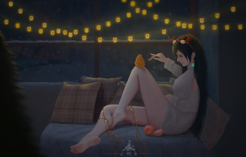 1girl absurdres antlers barefoot black_hair christmas christmas_lights closed_mouth cushion earrings fake_antlers final_fantasy final_fantasy_vii final_fantasy_vii_remake food fruit grey_sweater highres jewelry knee_up lmk long_hair orange_(fruit) red_eyes red_nails reindeer_antlers solo sweater tifa_lockhart tree turtleneck turtleneck_sweater window