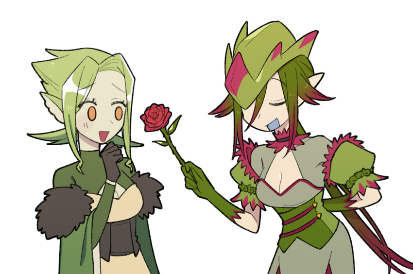 2girls arm_behind_back black_gloves blue_mouth bodice breasts choker cleavage cleavage_cutout cloak closed_eyes clothing_cutout cropped_legs espinas flower fur-trimmed_cloak fur_trim gloves green_gloves green_hair hat leaf light_blush long_sleeves medium_breasts monster_hunter_(series) multiple_girls one_eye_covered personification pointy_ears ponytail puffy_short_sleeves puffy_sleeves rathian red_choker red_hair rose short_hair short_sleeves smile thorns tricorne two-tone_headwear unsure user_ttug5452 white_background yellow_eyes yuri