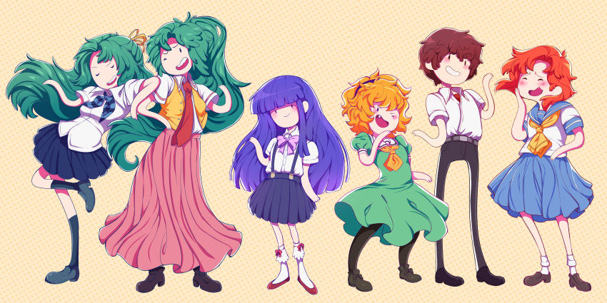 1boy 5girls ;d absurdres adventure_time belt black_hairband black_pantyhose blonde_hair blue_serafuku blunt_bangs blush bow bowtie closed_eyes collared_shirt dress fang flexing floating_hair full_body furude_rika green_dress green_hair grin hair_ribbon hairband half_updo hand_on_own_cheek hand_on_own_face height_difference highres higurashi_no_naku_koro_ni houjou_satoko katrinciart leaning_on_person leg_up loafers long_hair long_skirt looking_at_viewer maebara_keiichi messy_hair multiple_girls neckerchief necktie ojou-sama_pose one_eye_closed open_mouth orange_hair pantyhose parody pink_skirt pleated_skirt polka_dot polka_dot_background ponytail purple_bow purple_bowtie purple_hair red_necktie red_shirt ribbon ryuuguu_rena sailor_collar sailor_dress school_uniform serafuku shirt shirt_tucked_in shirt_under_shirt shoes short_hair short_sleeves shrugging siblings sisters skirt smile socks solid_circle_eyes sonozaki_mion sonozaki_shion standing standing_on_one_leg striped_neckerchief style_parody suspender_skirt suspenders teeth toon_(style) twins untucked_shirt upper_teeth_only vest waving white_shirt white_socks yellow_background yellow_neckerchief yellow_ribbon yellow_vest