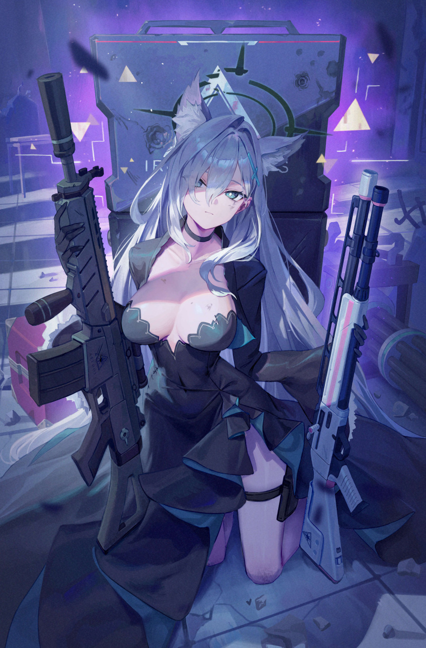 1girl absurdres animal_ear_fluff animal_ears assault_rifle black_choker black_dress black_halo blue_archive blue_eyes breasts bright_pupils choker cleavage closed_mouth commentary_request covered_navel cross_hair_ornament dress gesoking grey_hair gun hair_between_eyes hair_ornament halo highres holding holding_gun holding_weapon kneeling long_hair long_sleeves looking_at_viewer medium_breasts rifle shiroko_(blue_archive) shiroko_terror_(blue_archive) shotgun solo thigh_strap weapon white_pupils