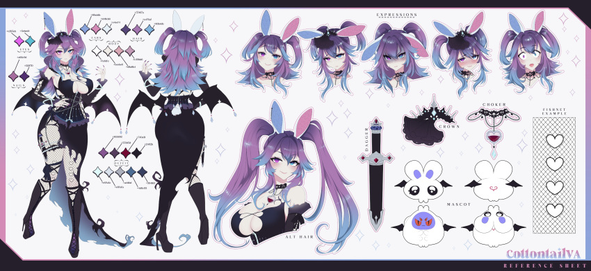 1girl absurdres animal_ears blue_eyes breasts cottontail_(vtuber) dagger fingernails fishnets gradient_hair heart heart_necklace heterochromia highres indie_virtual_youtuber jewelry kamochiru knife large_breasts multicolored_hair multiple_views nail_polish necklace purple_eyes purple_hair reference_sheet weapon