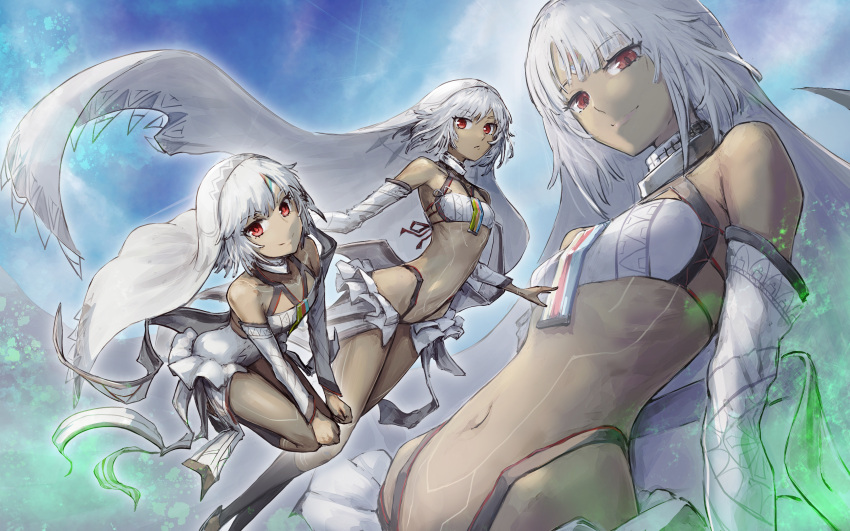 152_in_can 1girl absurdres altera_(fate) bare_shoulders breasts closed_mouth commentary_request dark-skinned_female dark_skin detached_collar detached_sleeves fate/extella fate/extra fate/grand_order fate_(series) full-body_tattoo headdress highres invisible_chair looking_at_viewer midriff multiple_views navel red_eyes short_hair sitting small_breasts smile stomach straight_hair tattoo white_hair white_sleeves