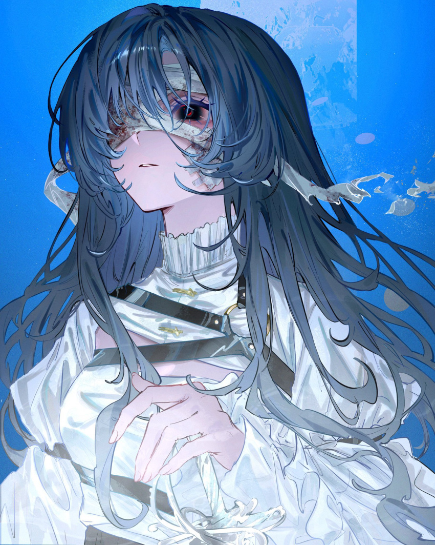 1girl bandage_on_face bandage_over_one_eye bandages blood blue_background blue_hair breasts cg_gs6 hair_between_eyes hand_up highres long_hair long_sleeves o-ring original parted_lips solo