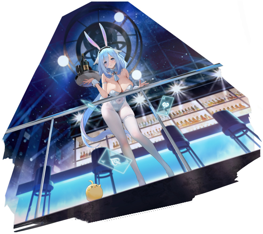 1girl alcohol animal_ears armlet azur_lane bar_(place) bar_stool bare_shoulders blue_bow blue_bowtie blue_hair blue_necktie bottle bow bowtie breasts cleavage closed_mouth clothing_cutout collar constellation_(azur_lane) constellation_(galaxy's_finest)_(azur_lane) covered_navel cup detached_collar drinking_glass fake_animal_ears from_below hair_between_eyes hair_flaps hairband highleg highleg_leotard highres holding holding_tray huge_breasts indoors large_breasts leaning_forward leotard long_hair looking_at_viewer looking_down mimoza_(96mimo414) navel navel_cutout necktie official_alternate_costume official_art pantyhose playboy_bunny purple_eyes rabbit_ears see-through see-through_leotard sidelocks skindentation smile solo spotlight stage_lights standing stool strapless strapless_leotard table thigh_strap thighs tray very_long_hair white_collar white_leotard white_pantyhose wine_bottle wrist_cuffs