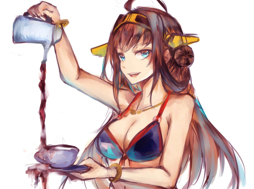 bad_id bad_pixiv_id bikini_top blue_eyes breasts brown_hair cleavage coffee collarbone cup decantering failure hair_ornament holding jewelry kantai_collection kongou_(kantai_collection) liquid long_hair medium_breasts mi_bait navel necklace pouring simple_background solo teacup white_background you're_doing_it_wrong