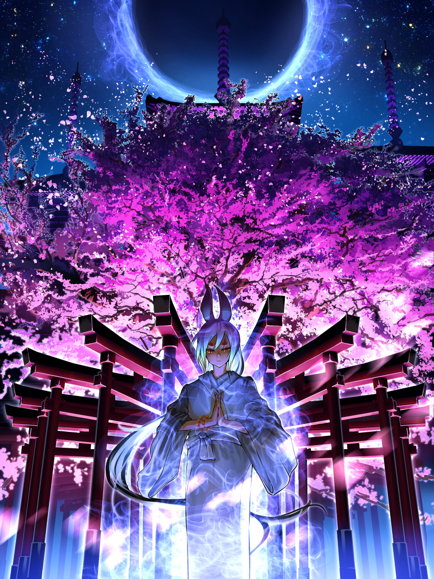 1girl absurdres animal_ears bead_bracelet beads bracelet building cherry_blossoms fantasy grey_hair highres japanese_clothes jewelry kimono long_hair multiple_torii night original outdoors own_hands_together red_eyes scenery sky smile_(qd4nsvik) solo star_(sky) starry_sky thick_eyebrows torii tree white_kimono