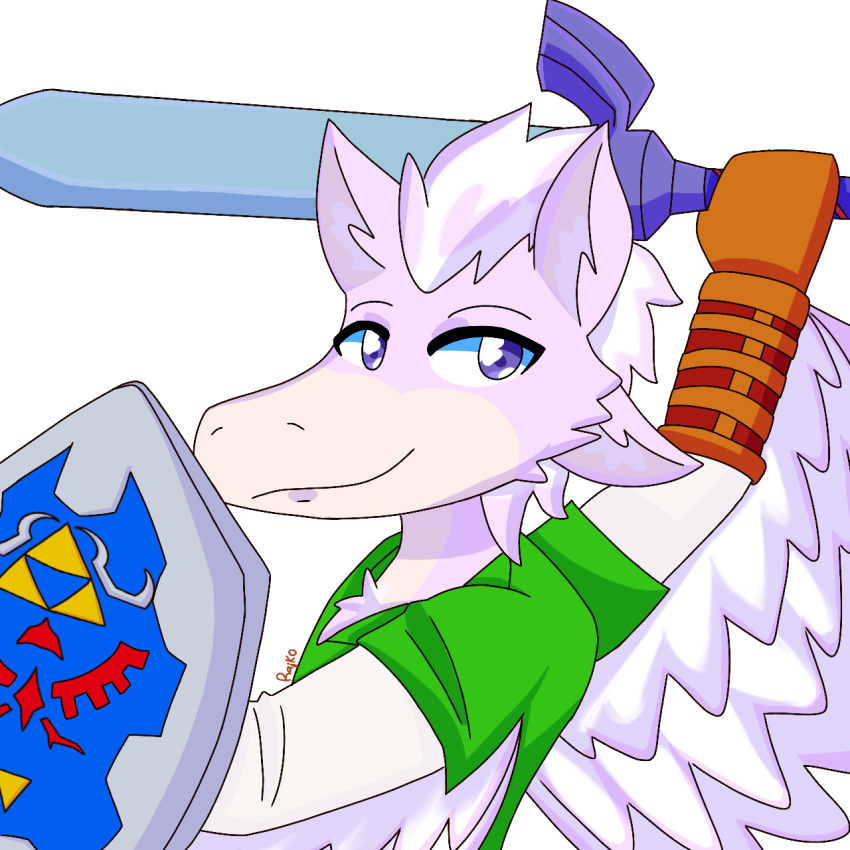 1:1 alpha_channel anthro avali avian clothing feathers hi_res hylian_shield kerolink male master_sword melee_weapon nintendo ocarina_of_time pink_body purple_eyes rairaikittycat shield shirt solo sword the_legend_of_zelda topwear tunic weapon