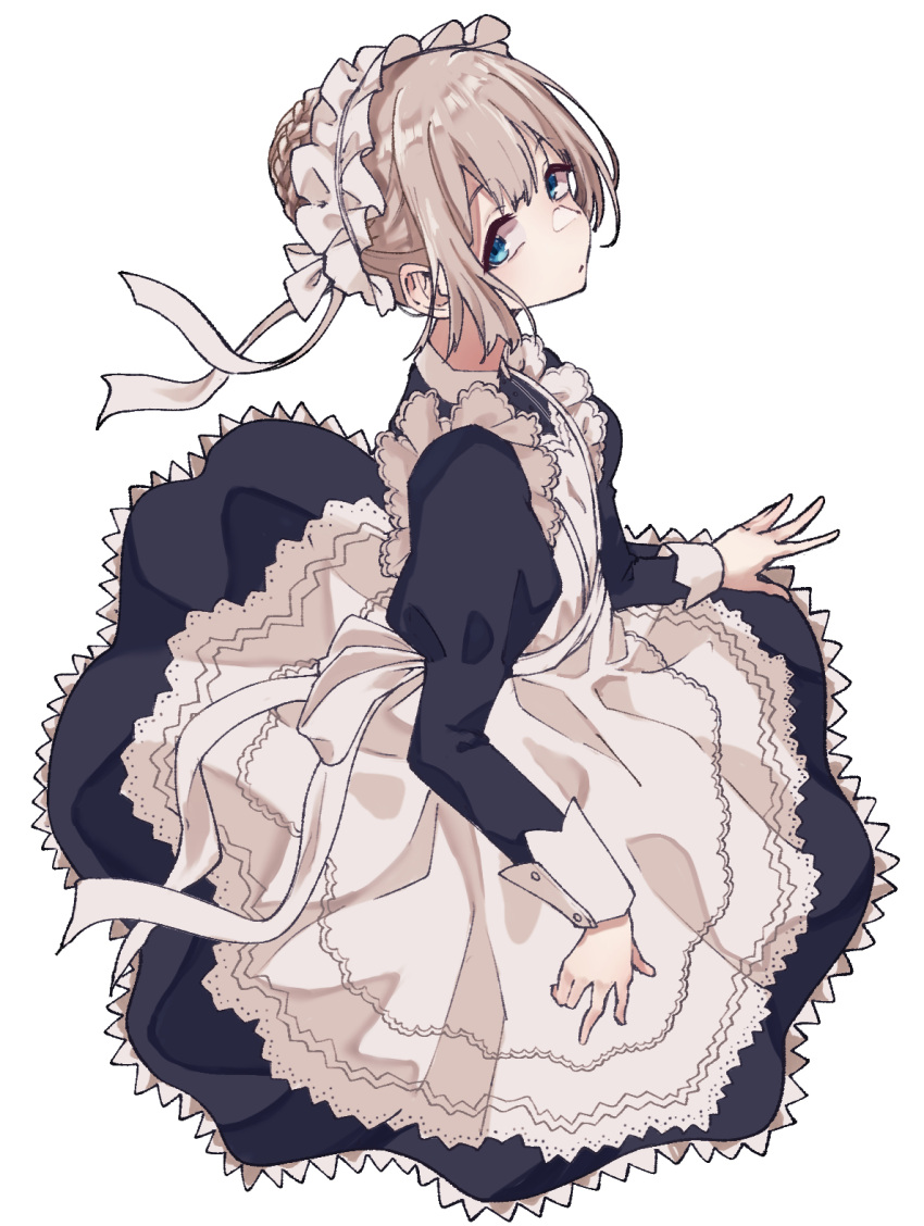 1girl apron black_dress blue_eyes braid braided_bun dress frilled_hairband frills hair_bun hairband highres idolmaster idolmaster_shiny_colors juliet_sleeves long_sleeves looking_at_viewer lulutaeri maid_apron official_alternate_costume puffy_sleeves serizawa_asahi sideways_glance simple_background single_hair_bun solo white_apron white_background white_hairband wrist_cuffs