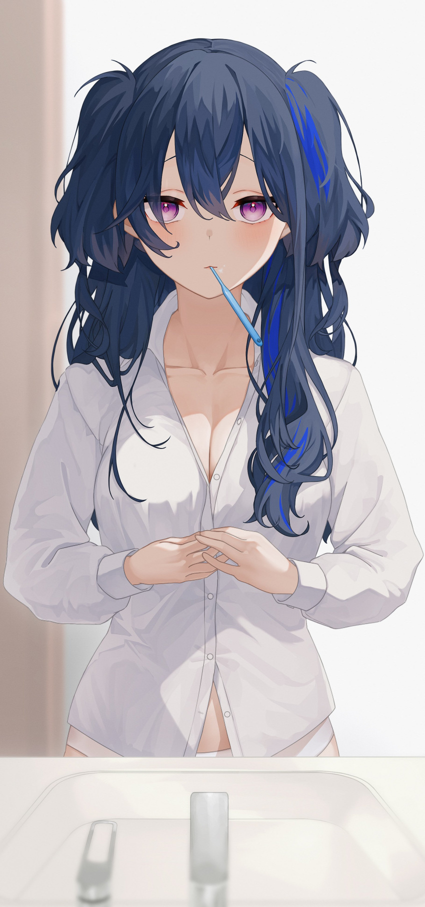 1girl absurdres amatou_(ko_me_9) black_hair blue_hair breasts cleavage collared_shirt dress_shirt dressing hair_between_eyes highres ichinose_uruha ichinose_uruha_(6th_costume) long_hair long_sleeves looking_at_viewer medium_breasts multicolored_hair no_pants official_alternate_hairstyle panties purple_eyes shirt sink solo streaked_hair toothbrush_in_mouth two_side_up underwear virtual_youtuber vspo! white_panties white_shirt wing_collar