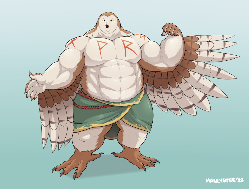 abs anthro avian barazoku beak belt biceps big_muscles bird black_beak black_eyes bottomwear brown_body brown_feathers clothed clothed/nude clothing feather_hands feathered_arms feathered_wings feathers feet green_bottomwear green_clothing green_kilt green_skirt hi_res humanoid kilt male manlyster moobs musclegut muscular muscular_anthro muscular_male nordic_runes nude owl pecs runes sheru_owl simple_background skirt solo talons tattoo toes topless topless_anthro topless_male white_body white_feathers wings