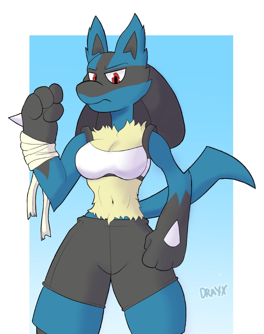 anthro arm_wrapping athletic_wear blue_body blue_fur bodily_fluids bottomwear breasts canid canine clothed clothing digital_media_(artwork) drayx female fur generation_4_pokemon hi_res looking_at_viewer lucario mammal nintendo pokemon pokemon_(species) red_eyes shorts simple_background solo tail topwear workout_clothing