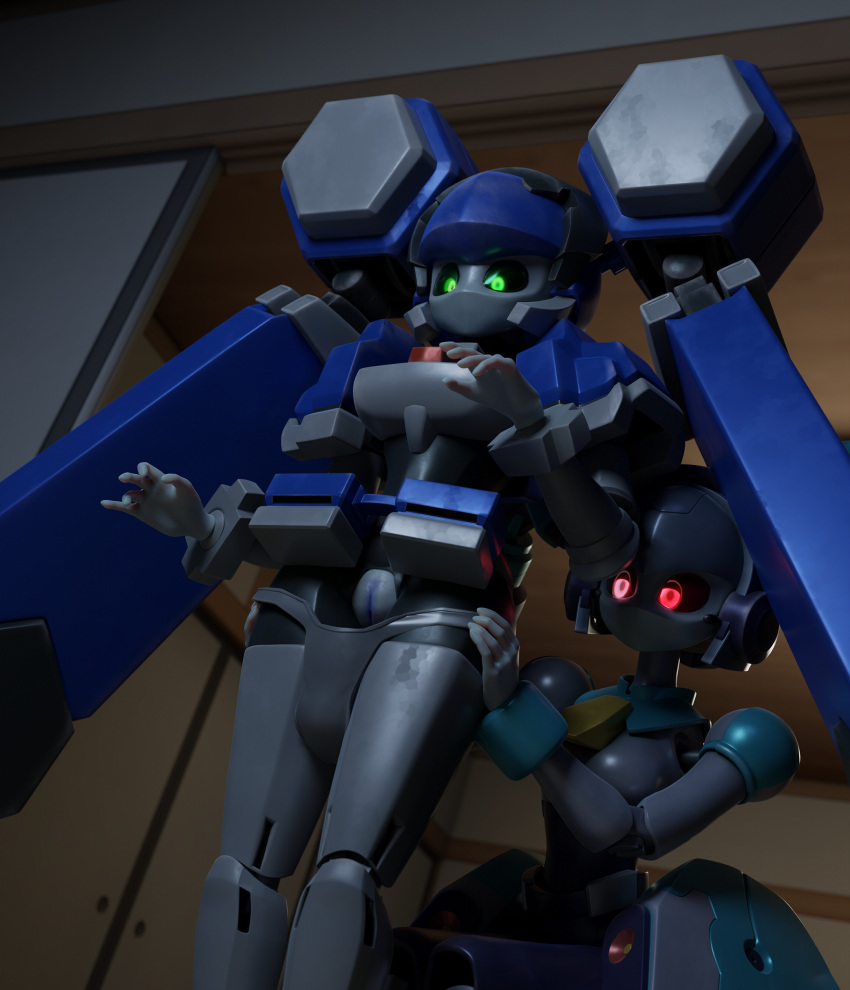 3d_(artwork) absurd_res android assisted_exposure blazermate blue_body clothed clothing clothing_pull dear_stage digital_media_(artwork) duo dutch_angle female female/female genitals green_body green_eyes grey_body hi_res humanoid looking_at_another looking_down lorded machine medabots not_furry panties panties_down panty_pull partially_clothed pussy red_eyes robot surprise underwear underwear_down underwear_pull