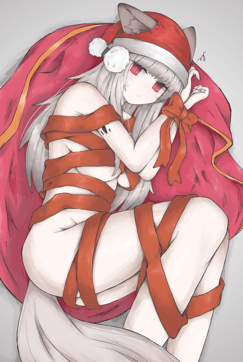 1girl absurdres animal_ears arknights blanket bound bow breasts christmas commentary convenient_censoring fox_ears fox_tail frostleaf_(arknights) grey_background grey_hair hat highres knees_up large_breasts long_hair looking_at_viewer lying naked_ribbon nyo_(fy_1) on_side oripathy_lesion_(arknights) red_eyes red_headwear red_ribbon ribbon ribbon_bondage santa_hat simple_background solo tail