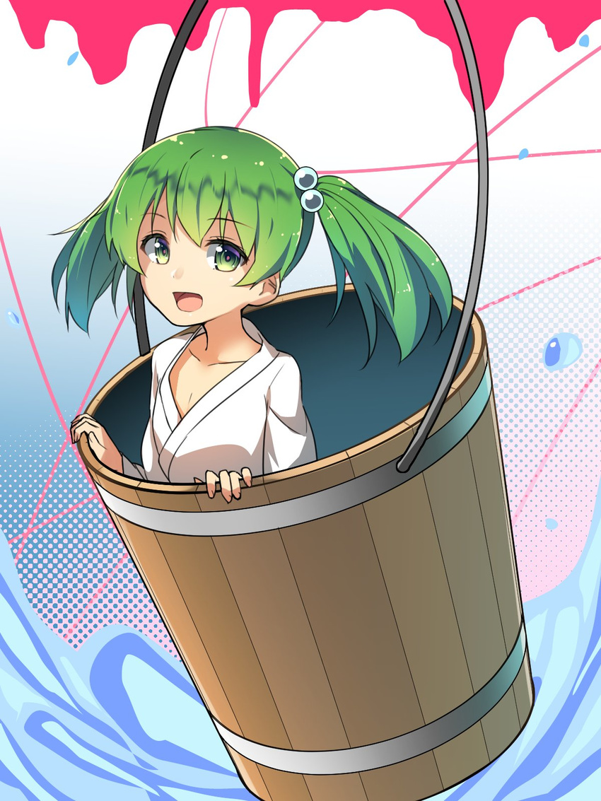 bucket collarbone flat_chest green_eyes green_hair hair_bobbles hair_ornament halftone halftone_background highres in_bucket in_container japanese_clothes kimono kisume long_hair long_sleeves looking_at_viewer ninnzinn short_hair solo splashing tareme touhou upper_body water wooden_bucket