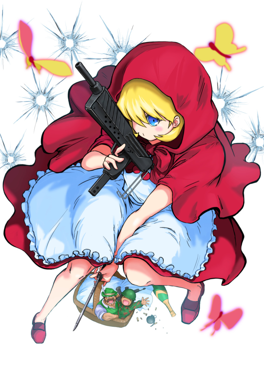 basket blonde_hair blue_eyes bottle bow bowtie bug bulleta dress explosive grenade gun highres holding holding_basket holding_gun holding_knife holding_weapon knife little_red_riding_hood minokichi_(arufooto25) red_dress vampire_(game) weapon white_background wine_bottle