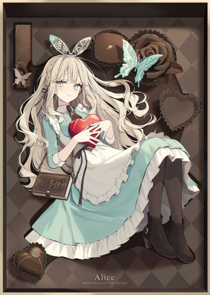 1girl akakura alice_(alice_in_wonderland) alice_in_wonderland apron aqua_dress aqua_eyes aqua_nails black_ribbon book box braid brown_footwear brown_pantyhose bug butterfly character_name chocolate collared_dress dress full_body hair_ribbon hairband heart-shaped_box high_heels highres holding holding_box light_brown_hair long_hair looking_at_viewer pantyhose pout ribbon solo white_apron
