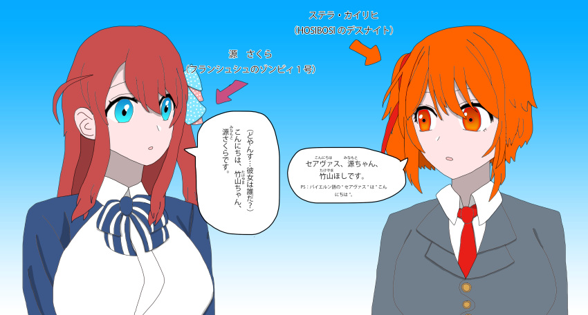 absurdres blue_eyes chronicle_of_myers english_text highres hoshi_takeyama_(chronicle_of_myers) jo_shin_ogi minamoto_sakura orange_eyes orange_hair original oshi_no_ko parody red_hair school_uniform translation_request zombie_land_saga