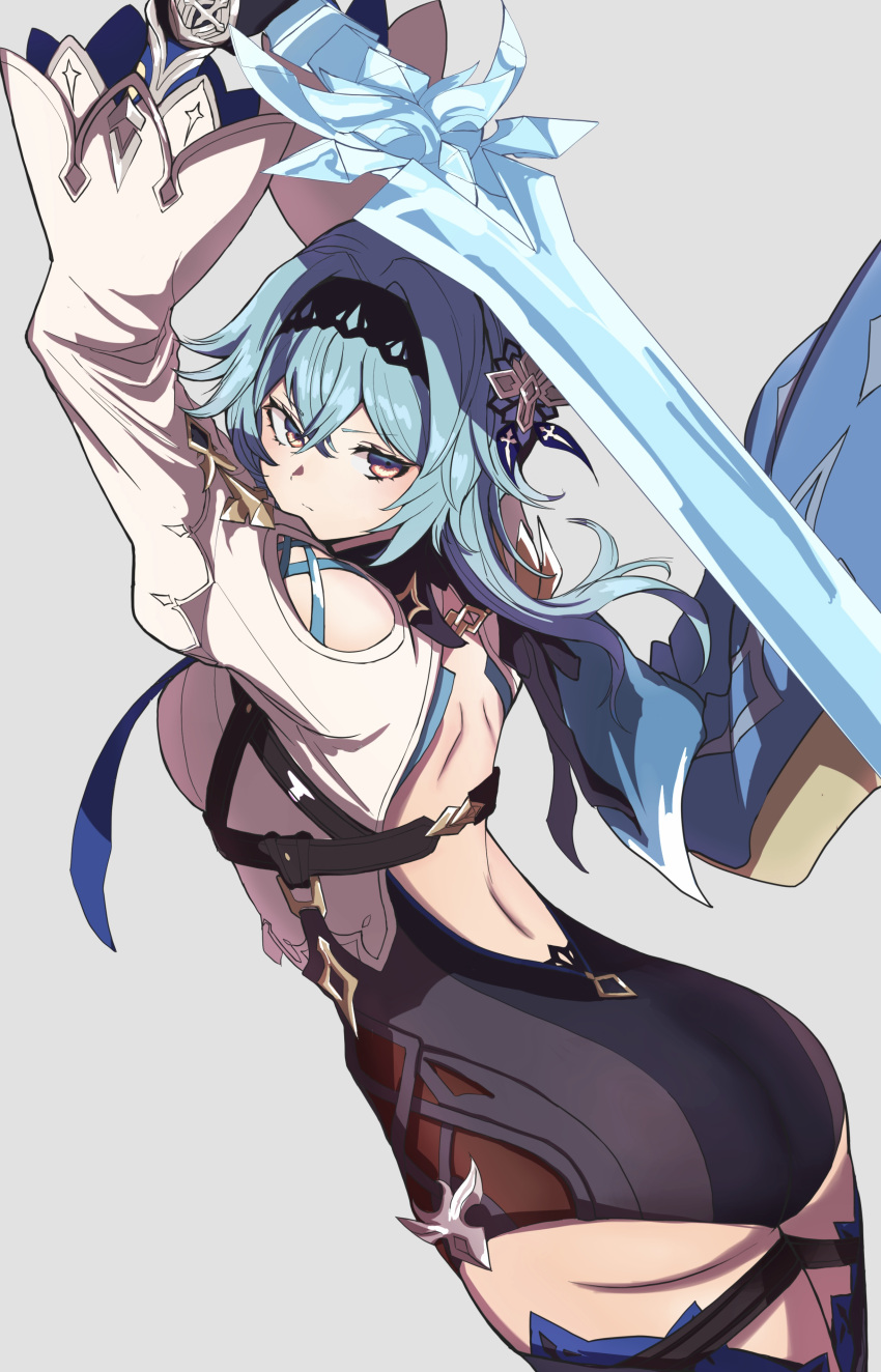 1girl absurdres arms_up ass back backless_outfit black_unitard blue_eyes blue_hair closed_mouth cross-laced_clothes cross-laced_sleeves crossed_bangs double-parted_bangs eula_(genshin_impact) from_behind genshin_impact hair_ornament highres holding holding_sword holding_weapon long_sleeves looking_at_viewer looking_back medium_hair multicolored_eyes orange_eyes s-m-53413 shirt simple_background solo sword weapon white_background white_shirt