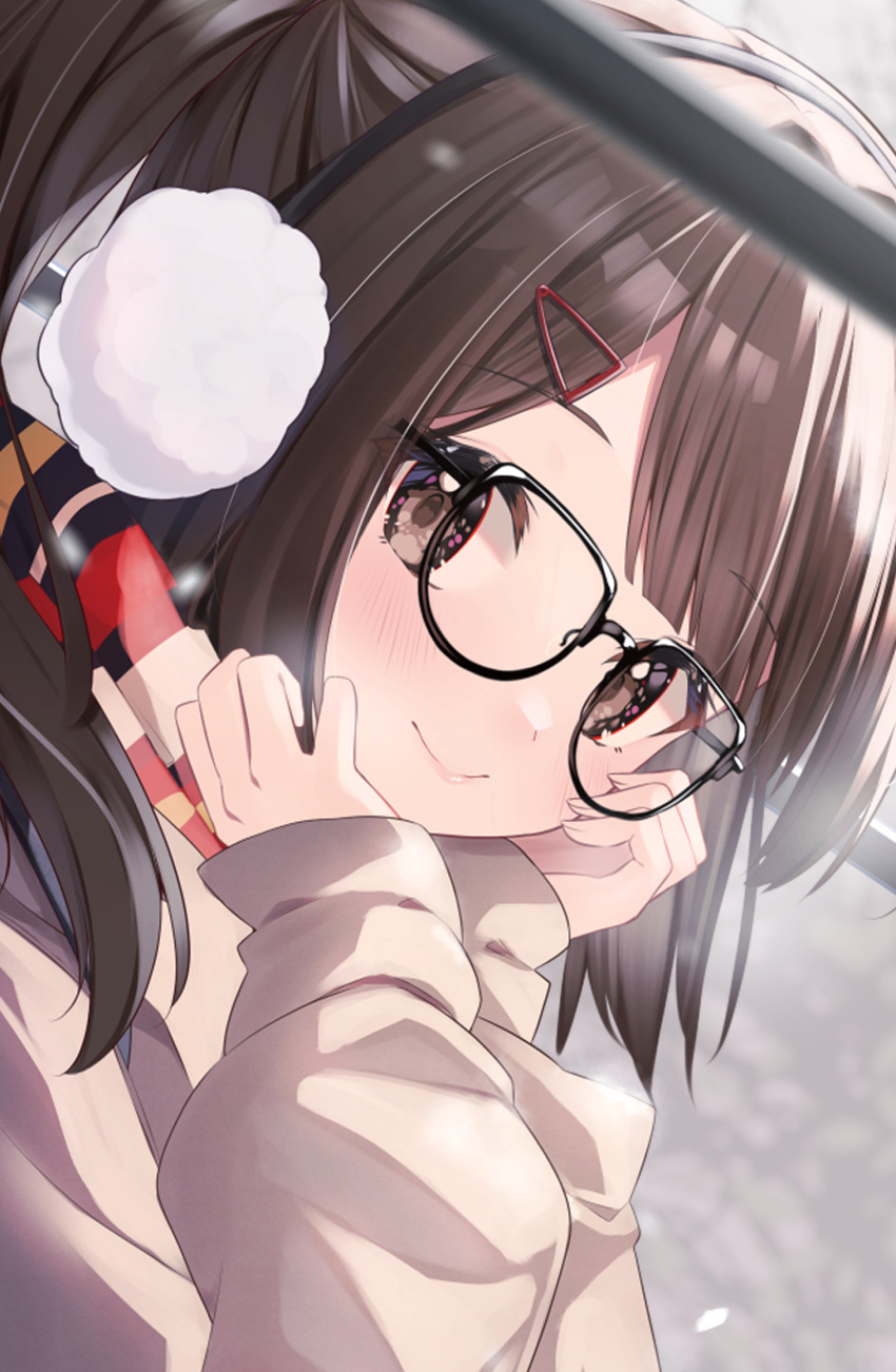 1girl black-framed_eyewear blush borumete brown_eyes brown_hair closed_mouth earmuffs glasses hair_ornament hairclip highres long_hair long_sleeves original smile solo zima_(reverse:1999)