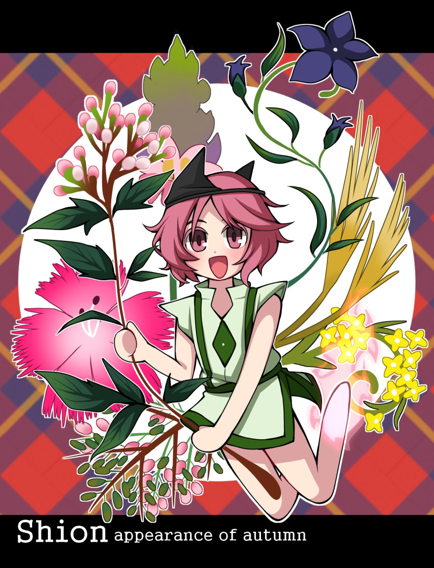 1jumangoku 1other androgynous argyle argyle_background autumn bare_legs black_border black_headwear border bud burning character_name circle collar commentary english_text fire flower flower_request green_trim highres holding holding_flower japanese_clothes kimono len'en letterboxed light_blush looking_at_viewer no_feet open_mouth other_focus pink_eyes pink_fire pink_flower pink_hair purple_flower red_background shion_(len'en) short_hair short_kimono short_sleeves smile solo triangular_headpiece wheat white_collar white_kimono white_sleeves yellow_flower