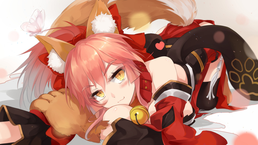 animal_ears bare_shoulders blush breasts bug butterfly bzerox closed_mouth eyebrows eyebrows_visible_through_hair fate/grand_order fate_(series) fox_ears fox_tail gloves heart highres insect japanese_clothes large_breasts lying paw_gloves paws pink_hair smile solo tail tamamo_(fate)_(all) tamamo_cat_(fate) yellow_eyes
