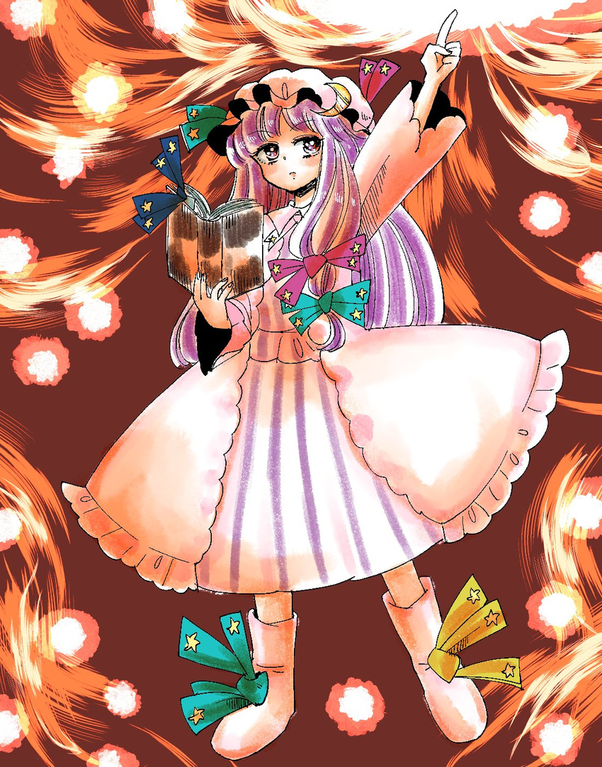 arm_up book commentary_request crescent crescent_hair_ornament dress eyebrows eyebrows_visible_through_hair hair_ornament hair_ribbon hat highres index_finger_raised komaku_juushoku long_hair mob_cap patchouli_knowledge pink_dress purple_eyes purple_hair ribbon royal_flare solo star striped striped_dress touhou tress_ribbon wide_sleeves