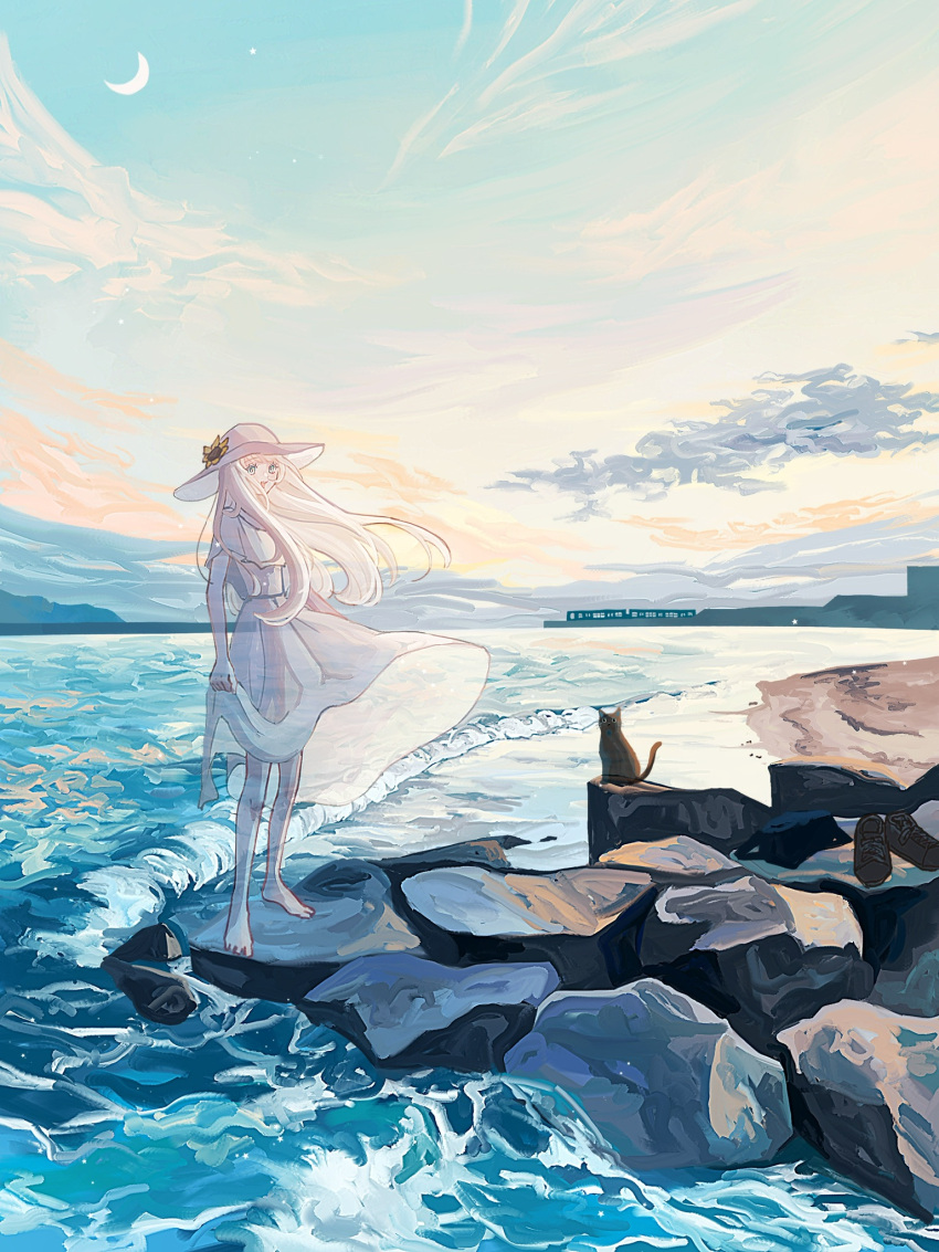 1girl :d barefoot beach black_cat blue_eyes blue_sky cat cloud commentary crescent_moon dress evening floating_hair flower from_side hat hat_flower highres horizon ivelovedsekaowa long_hair looking_at_viewer moon ocean on_rock open_mouth original outdoors rock scenery skirt_hold sky smile solo standing standing_on_rock sun_hat sundress transparent water waves white_dress white_hair white_headwear wide_shot wind