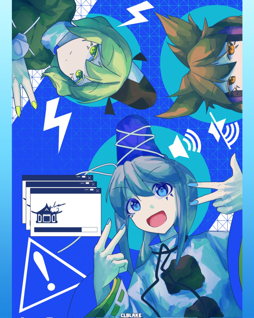 3girls artist_name black_headwear blue_background blue_headwear blue_nails brown_eyes brown_hair closed_mouth commentary corporalblake english_commentary green_hair green_nails grey_hair hat highres lightning_bolt_symbol mononobe_no_futo multiple_girls mute open_mouth pointy_hair sign soga_no_tojiko tate_eboshi touhou toyosatomimi_no_miko w warning_sign