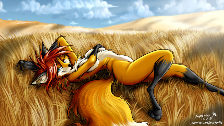 angrycontra anthro black_markings blue_eyes breasts canid canine censored cloud digital_media_(artwork) female field_background fox fox_tail fur hair inner_ear_fluff looking_at_viewer mammal markings nude orange_body orange_fur outside red_hair sky smile solo tail tasteful_nudity tuft white_body white_fur