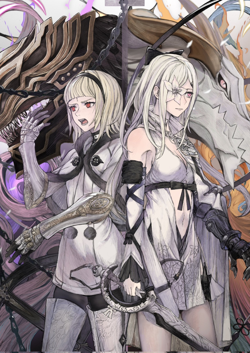 2girls armor armpit_crease black_bow bow breasts chain cleavage closed_mouth drag-on_dragoon drag-on_dragoon_3 dragon feet_out_of_frame flower flower_over_eye gauntlets highres holding holding_sword holding_weapon long_hair medium_hair monster multiple_girls navel one_(drag-on_dragoon) open_mouth prosthesis prosthetic_arm red_eyes sharp_teeth sword teeth tricoliet v-shaped_eyebrows weapon wheel white_hair zero_(drag-on_dragoon)