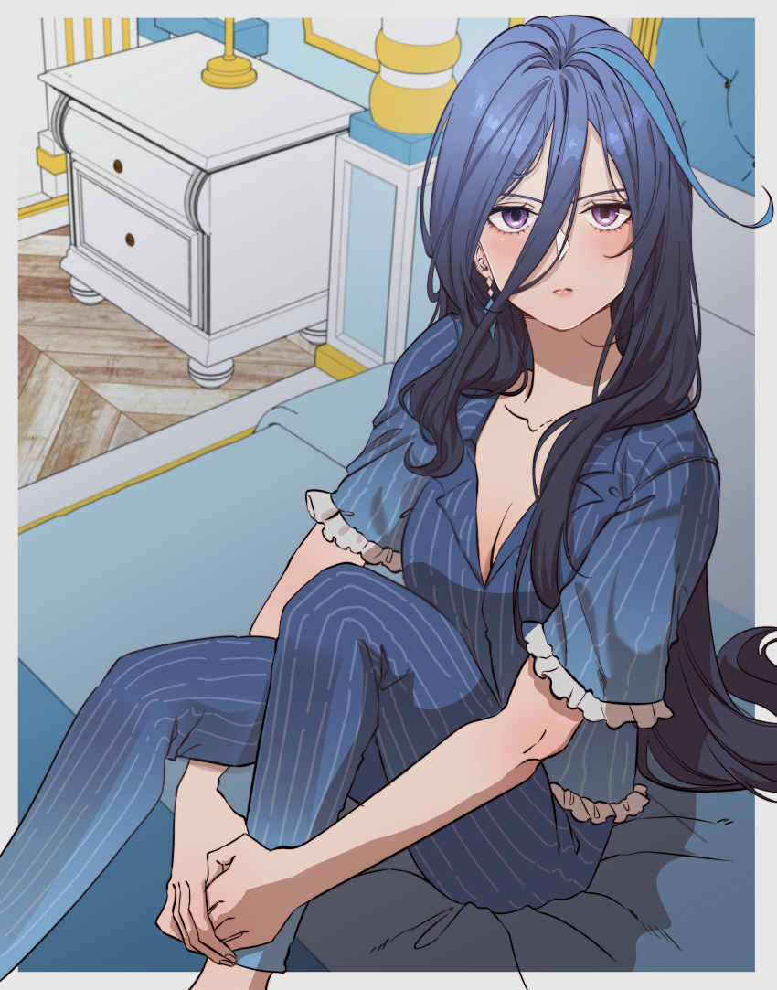 1girl absurdres blue_gemstone blue_hair blue_pants blue_shirt border breasts cleavage clorinde_(genshin_impact) closed_mouth earrings frilled_sleeves frills from_above frown gem genshin_impact grey_border hair_between_eyes highres jewelry long_hair looking_at_viewer medium_breasts multicolored_hair on_bed pajamas pants purple_eyes rchella shirt short_sleeves sitting solo straight_hair streaked_hair striped striped_pants striped_shirt very_long_hair