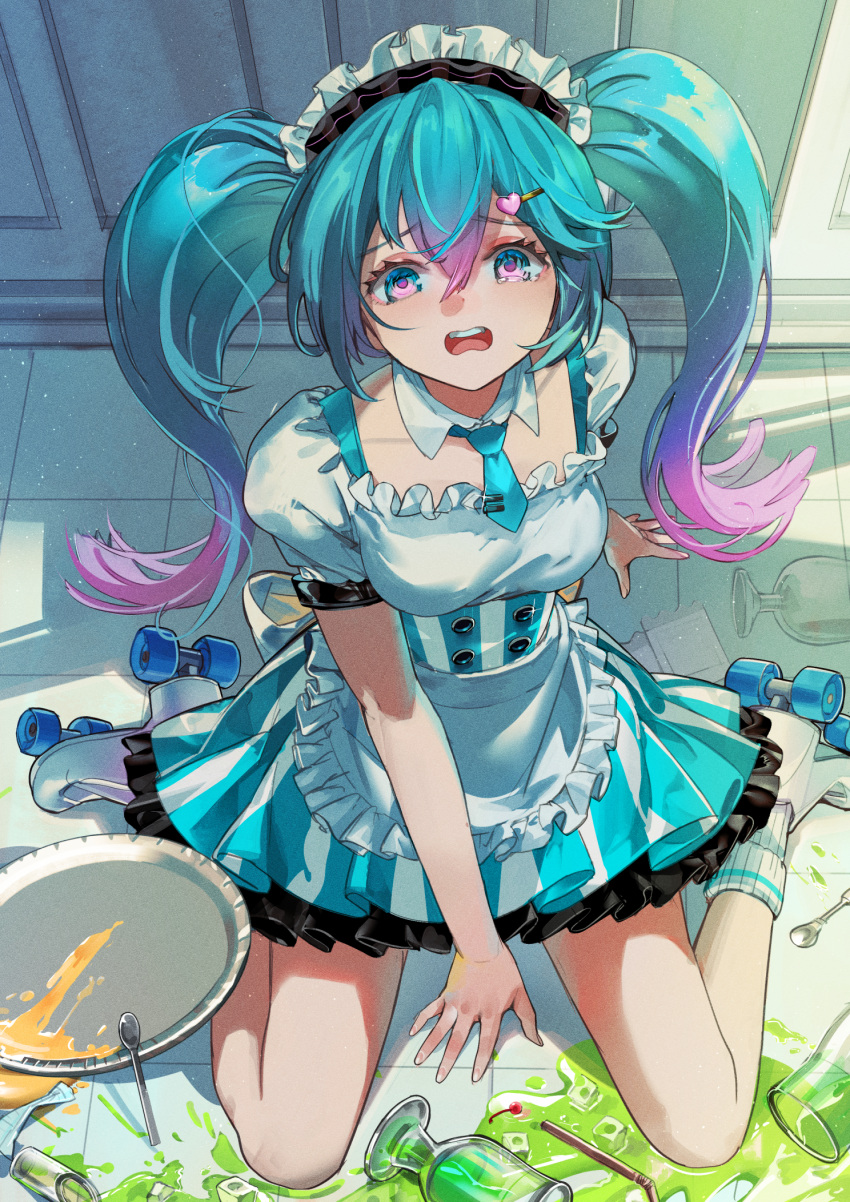 1girl apron aqua_hair blue_dress blue_eyes buttons collarbone colored_tips commentary detached_collar dress frilled_apron frills gradient_hair hair_between_eyes hatsune_miku highres light_particles long_hair looking_at_viewer maid maid_headdress multicolored_eyes multicolored_hair necktie nik_ibi open_mouth pink_eyes pink_hair puffy_short_sleeves puffy_sleeves roller_skates short_necktie short_sleeves sitting skates solo sparkle spill sunlight tearing_up teeth twintails upper_teeth_only vocaloid wariza white_apron