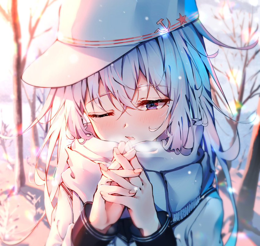 1girl absurdres blue_eyes breath commentary_request dfd flat_cap hammer_and_sickle hat hibiki_(kancolle) highres kantai_collection long_hair one_eye_closed own_hands_clasped own_hands_together school_uniform serafuku snow solo tree upper_body verniy_(kancolle) white_hair white_headwear