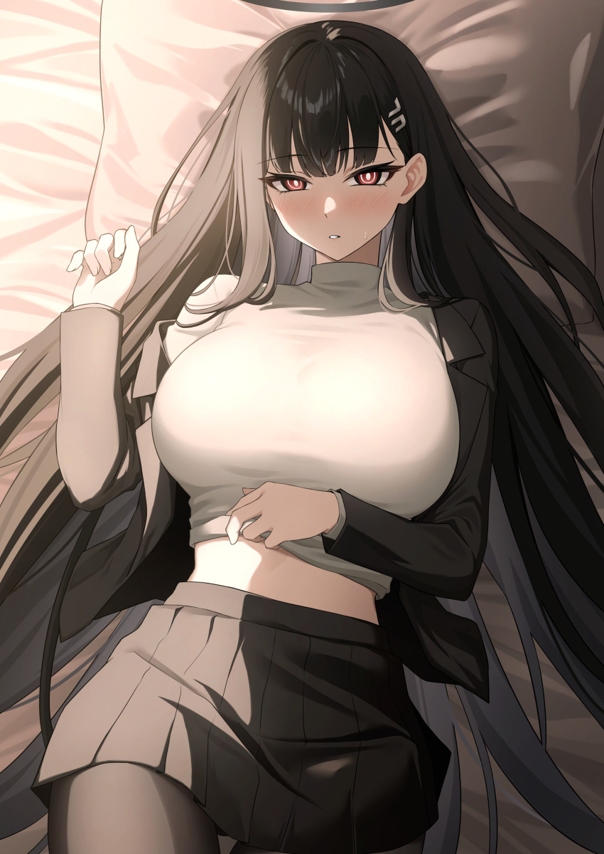 1girl absurdres bed_sheet black_hair black_pantyhose black_skirt blue_archive blush breasts bright_pupils cowboy_shot hair_ornament hairpin halo highres large_breasts long_hair long_sleeves looking_at_viewer lying on_back pantyhose parted_lips pillow pleated_skirt red_eyes rio_(blue_archive) skirt solo sweater tennen_inari white_pupils white_sweater