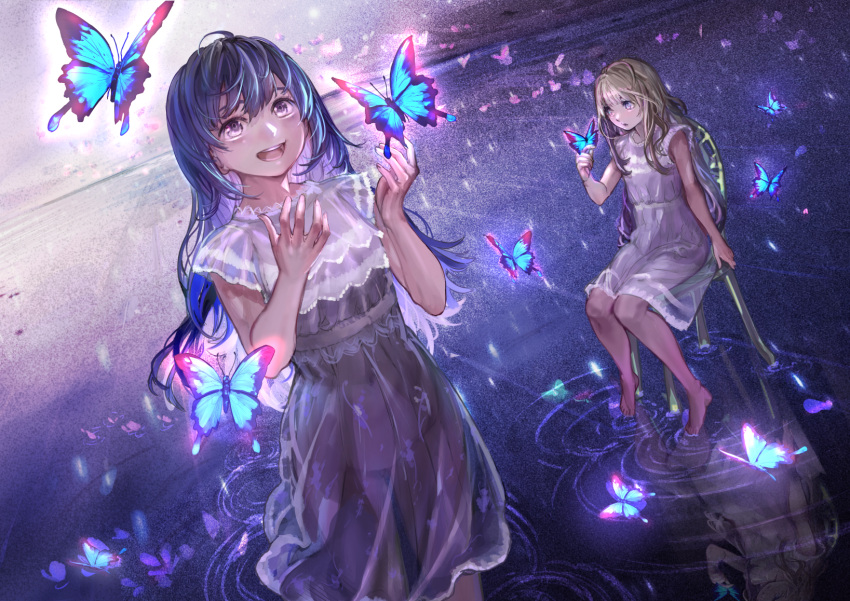 2girls blonde_hair blue_hair bug butterfly chair commentary dress dutch_angle fantasy highres horizon long_hair multiple_girls nik_ibi open_mouth original purple_eyes purple_theme reflective_floor sidelocks sitting sleeveless sleeveless_dress teeth wading white_dress