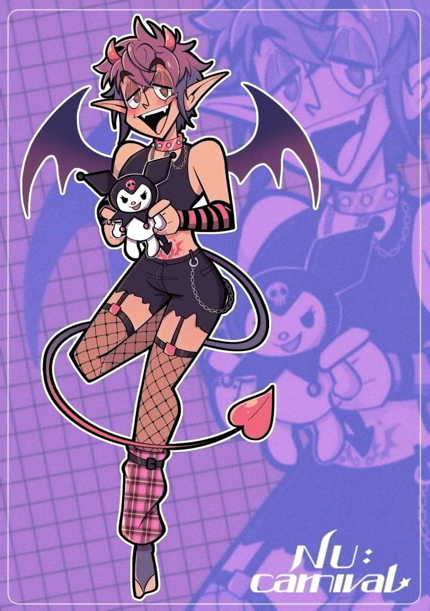 2_horns absurd_res ambiguous_gender anthro blowup_background bottomwear chain choker clothing crop_top crossover cutoffs demon demon_humanoid denim denim_bottomwear denim_clothing duo female_(lore) fishnet fishnet_legwear footwear garter_straps girly hair hi_res horn humanoid humanoid_pointy_ears jewelry kuromi lagomorph leg_warmers legwear leporid male_(lore) mammal membrane_(anatomy) membranous_wings morvay_(nu:_carnival) necklace nu:_carnival onegai_my_melody rabbit sanrio shirt short_hair shorts simple_background socks soritadg spade_tail stirrup_socks tail tan_body tan_skin thigh_highs topwear wings womb_tattoo