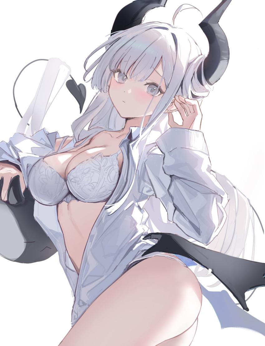 1girl ahoge ass bar_(place) black_horns black_wings bra breasts cleavage collared_shirt creature demon_girl demon_horns demon_tail demon_wings grey_eyes highres horns lace lace_bra leaning leaning_to_the_side long_hair long_sleeves looking_at_viewer low_wings medium_breasts midriff midriff_peek miebao no_pants off_shoulder original shirt simple_background solo tail unbuttoned underwear white_background white_bra white_hair white_shirt wings