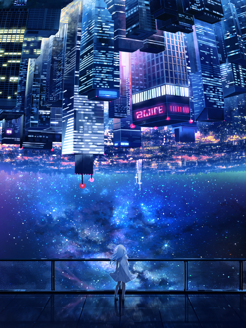 1girl absurdres city cityscape dress highres night original outdoors scenery sky smile_(qd4nsvik) solo standing star_(sky) starry_sky upside-down_world white_dress white_hair