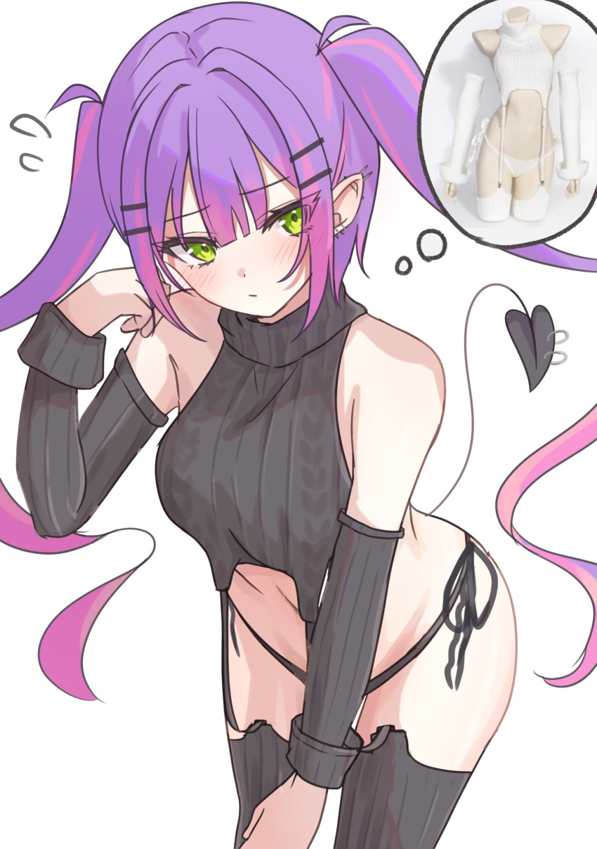 1girl alternate_costume bare_shoulders black_panties black_sleeves black_sweater blush c1p122 commentary_request demon_girl demon_tail detached_sleeves flying_sweatdrops green_eyes hair_ornament hairclip hand_up highres hololive leaning_forward long_hair looking_at_viewer panties piercing purple_hair ribbed_sleeves ribbed_sweater side-tie_panties simple_background solo spoken_object sweater tail tail_ornament tail_piercing tokoyami_towa twintails underwear virgin_destroyer_sweater virtual_youtuber white_background